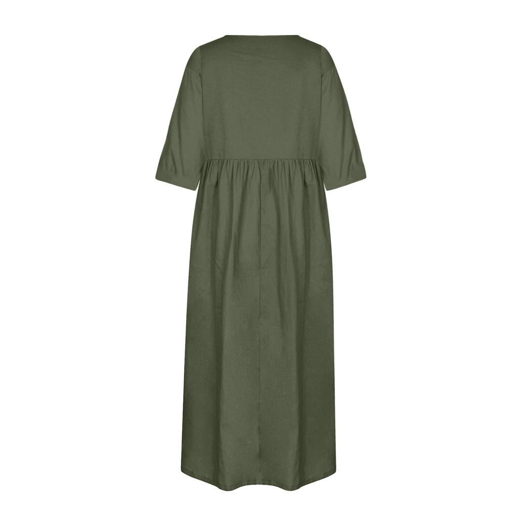 Damen Sommer Farbe Rundhals Halbarm Langes Farbe Kleid Lässig