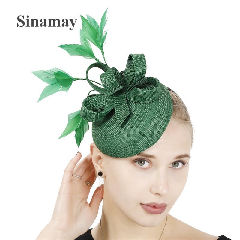 

Korean Bride Retro Hemp Yarn Feather Top Hat Headgear Wedding Photo Studio Shooting Small Hat Decoration Graceful зелений