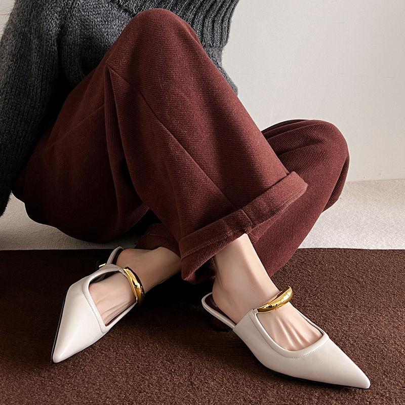 Fashion Size 34-40 Women Genuine Leather Mules Slippers Pointed Toe 2025 Summer Sandals Fashion Beige Ladies Casual Med Heels Shoes