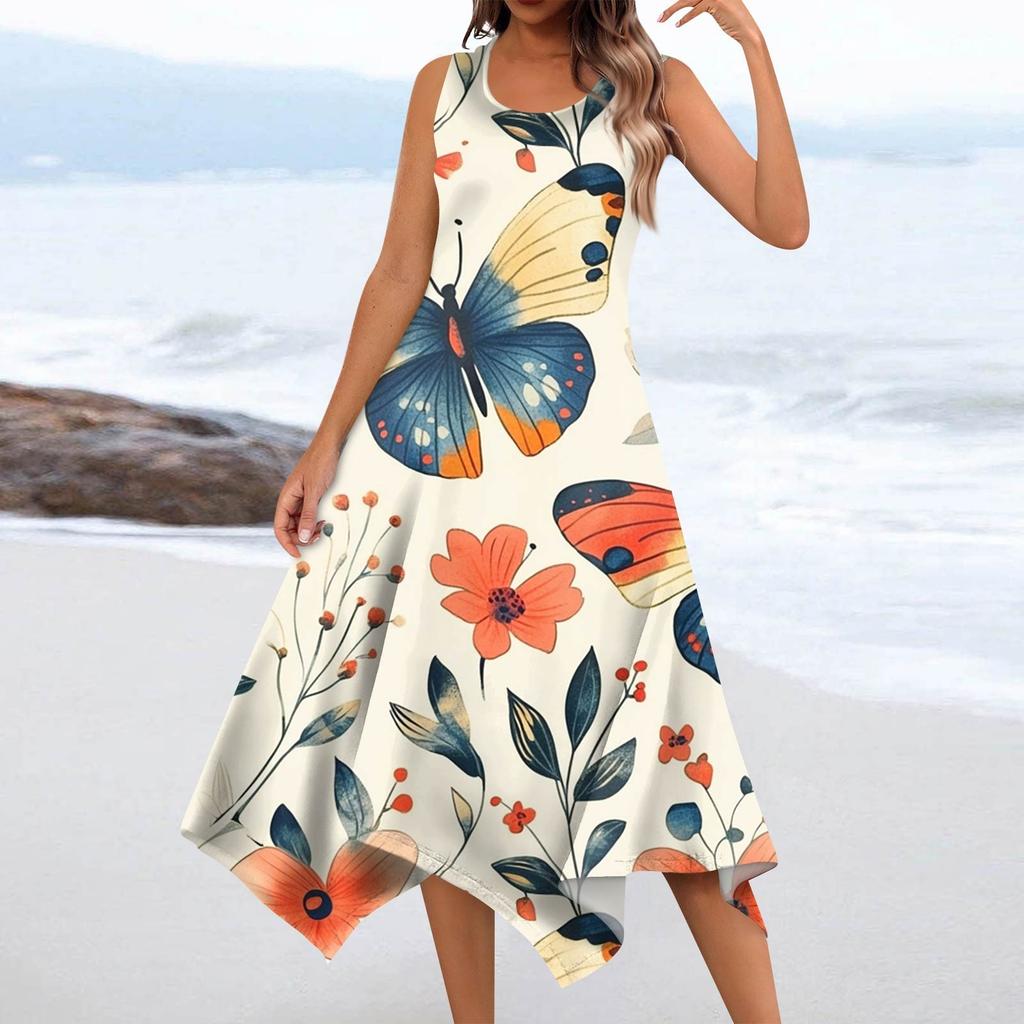 Lässiges, modisches Damen-Midikleid mit Rundhalsausschnitt, ärmellos, Blumendruck, unregelmäßiger Saum