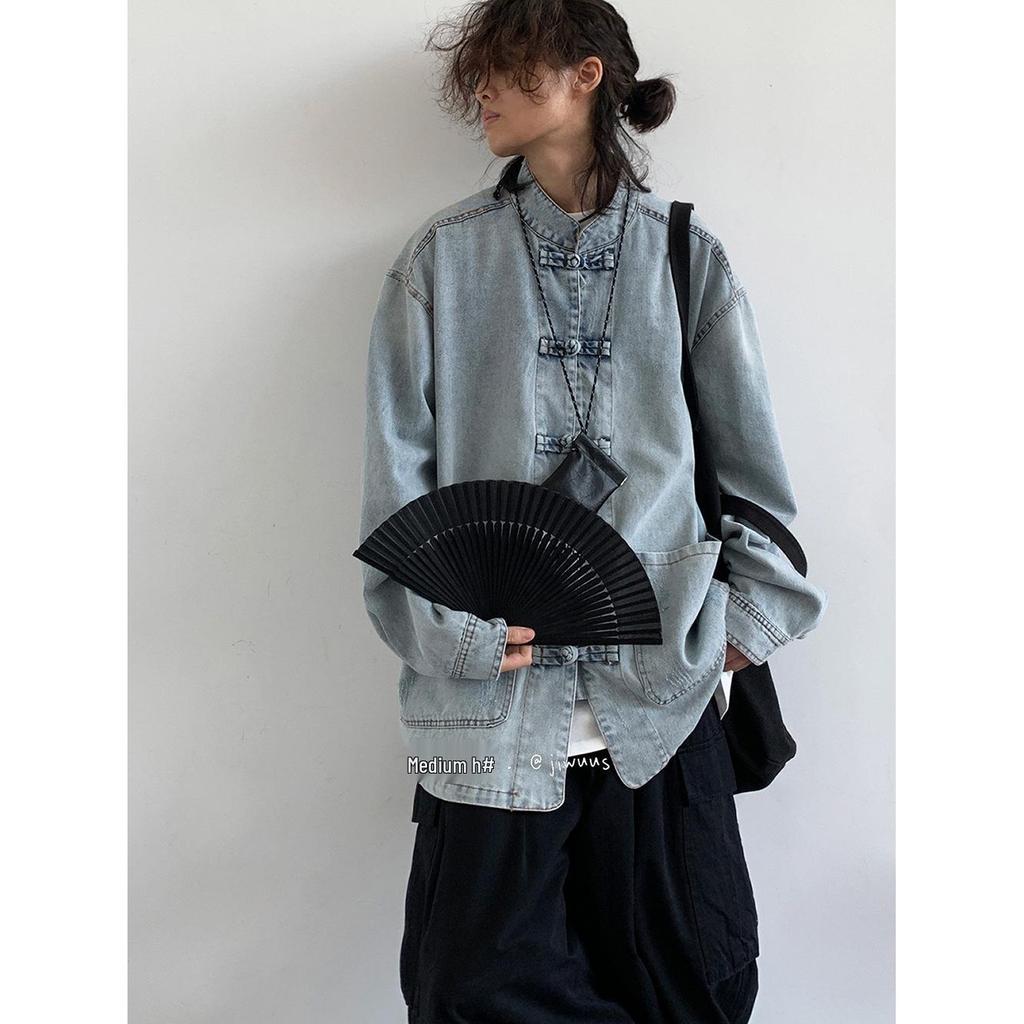 Unisex Retro Frog Button Denim Shirt: Versatile Blue Stand Collar Jacket for Men & Women