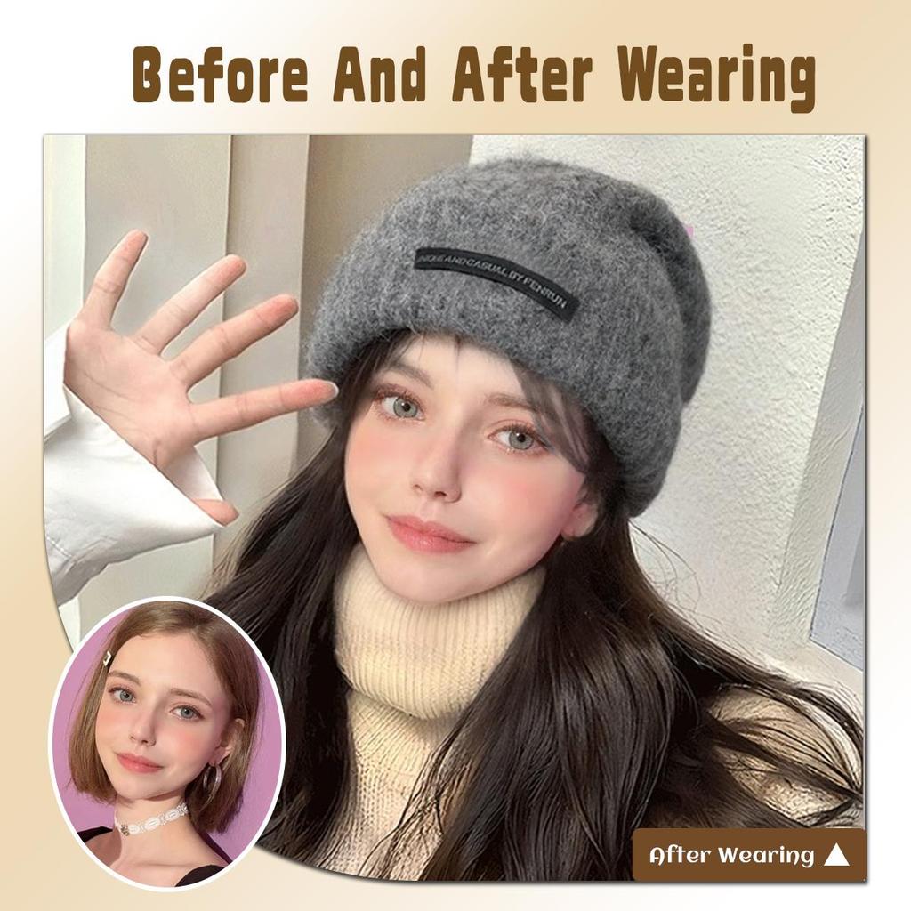 Synthetische Hutperücke für Frauen, langes gewelltes Haar, warm, weich, gestrickt, Herbst- und Wintermütze, hitzebeständig