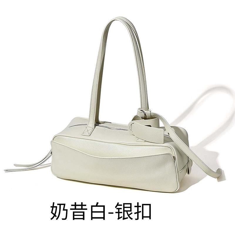 New Bowling Bag Simple and Fashionable First Layer Cowhide Messenger Women's Bag Baguette Bag
