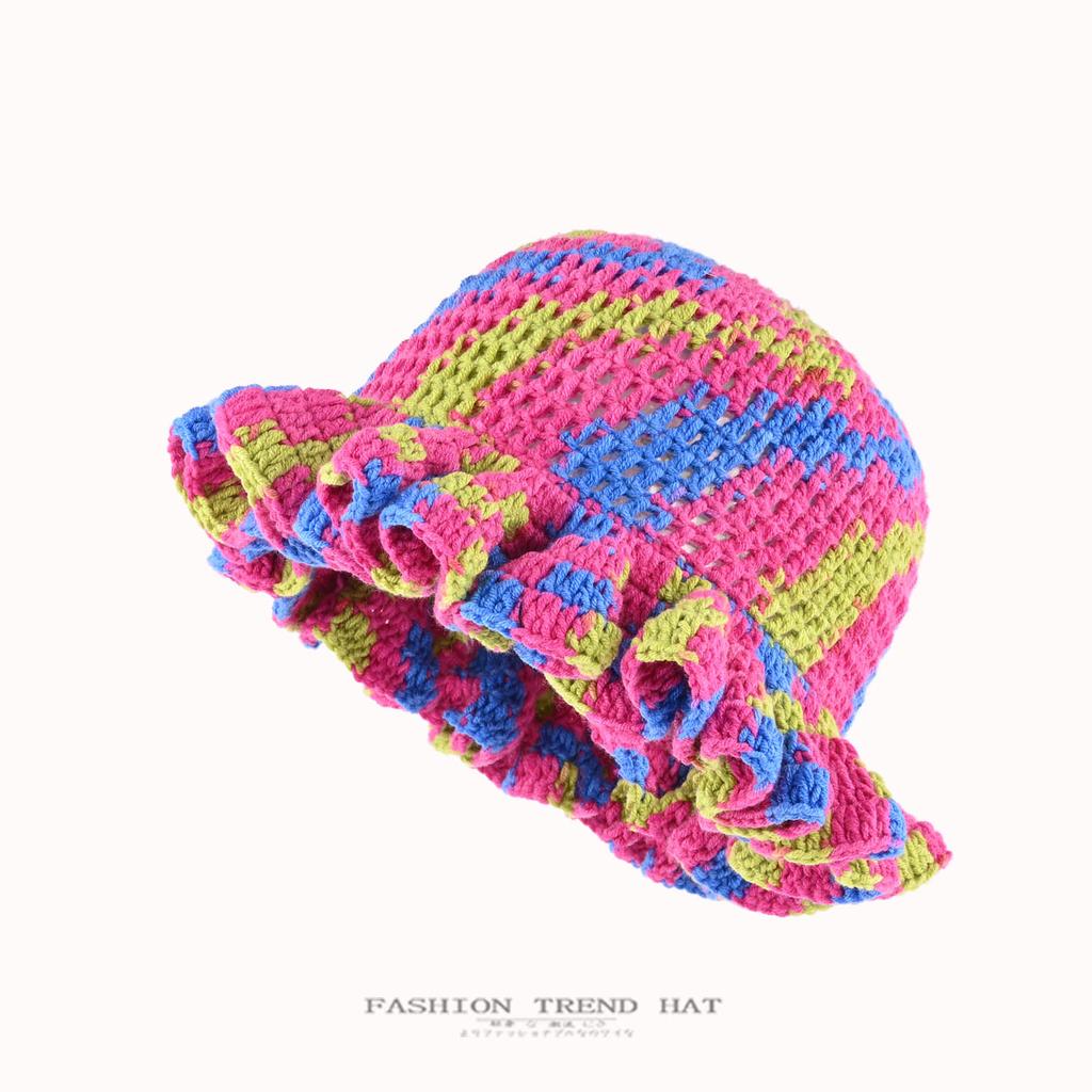 Dopamine Rainbow Color Matching Pleated Lotus Leaf Lace Knitted Bucket Hat Women'S Autumn And Winter Handmade Crochet Wool Hat
