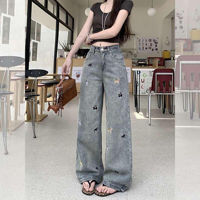 2026 Cartoon Embroidery High-Waisted Wide-Leg Jeans for Women - Autumn Petite Straight-Leg Design