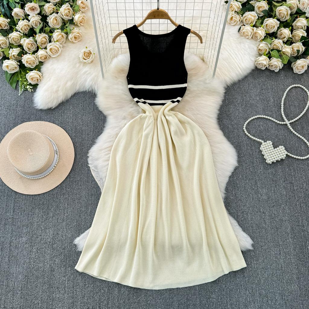 Summer Women Sleeveless Tank Knitted Striped Sweater Zipper Pullover Dresses