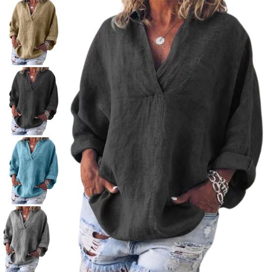 V Neck Pullover Women Shirt Skin-friendly Long Sleeve Solid Color Loose Blouse Ladies Clothing