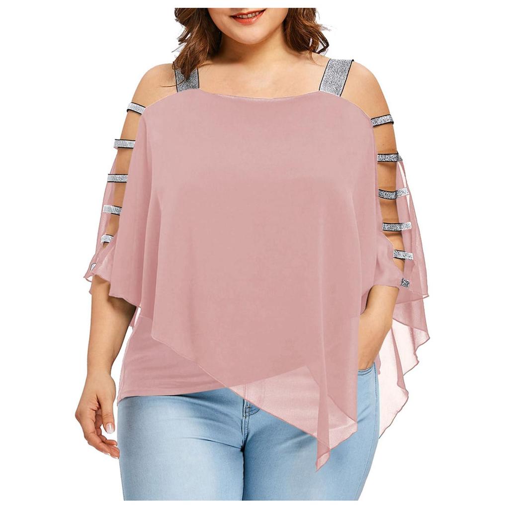 Sexy Women Fashion Plus Size Ladder Cut Overlay Asymmetric Blouse Strapless Tops