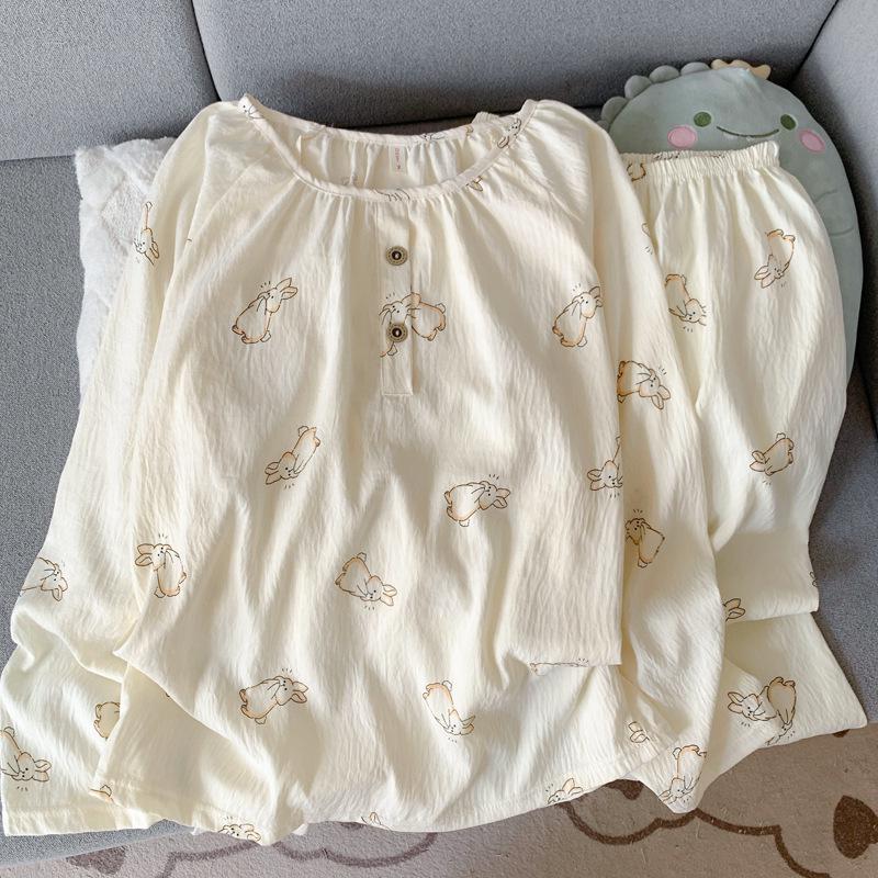 

Летний женский домашний комплект из двух предметов 2025 года: облачный хлопок, мультяшный принт, круглый вырез, длинный рукав XXL