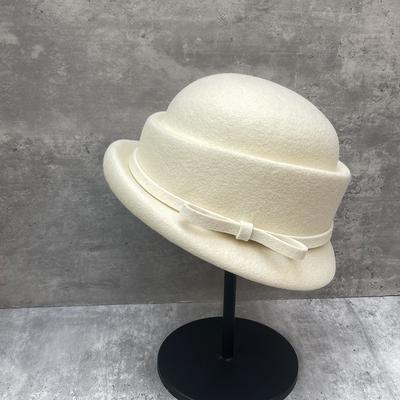 Blogger'S Thousand Gold Wind White Bowler Hat Women'S Autumn And Winter Bow Curled Edge Elegant French Basin Hat Shows Small Face