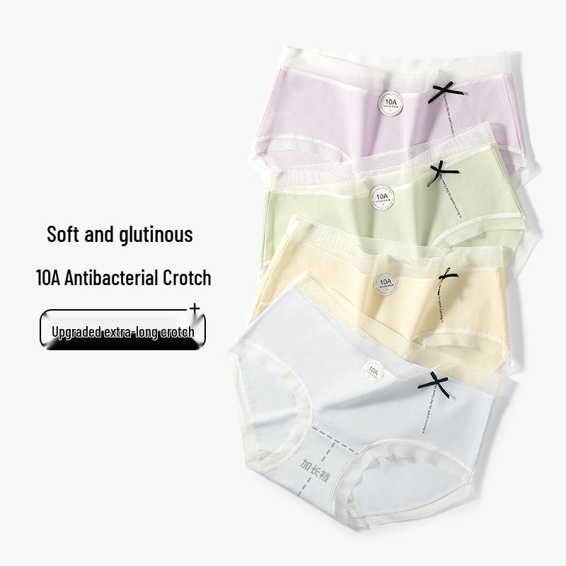 Antibacterial Women's Mid-Waist Cotton Underwear with Bowknot - Breathable, Sweet, Girly Style, Extended Crotch