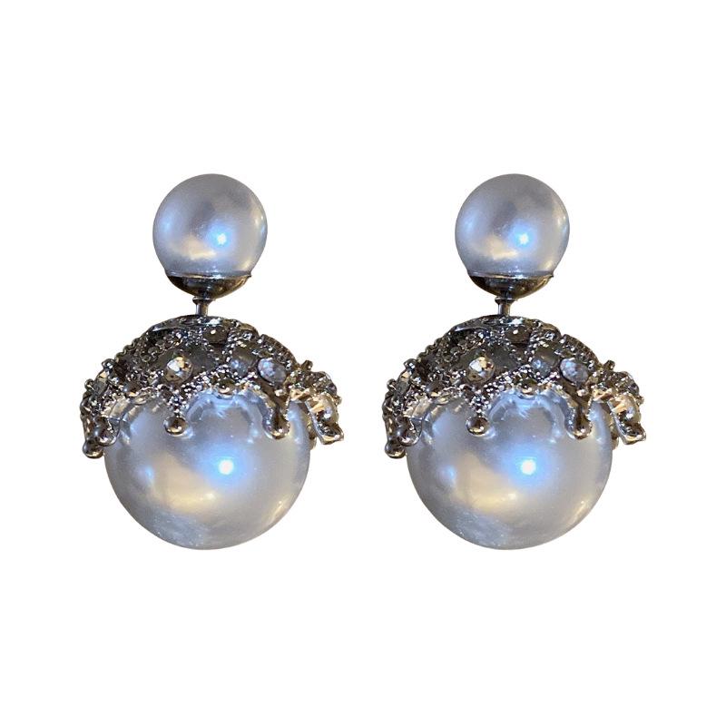 Double-Sided Silver Needle Pearl & Diamond Stud Earrings - Korean Cold Style for Women
