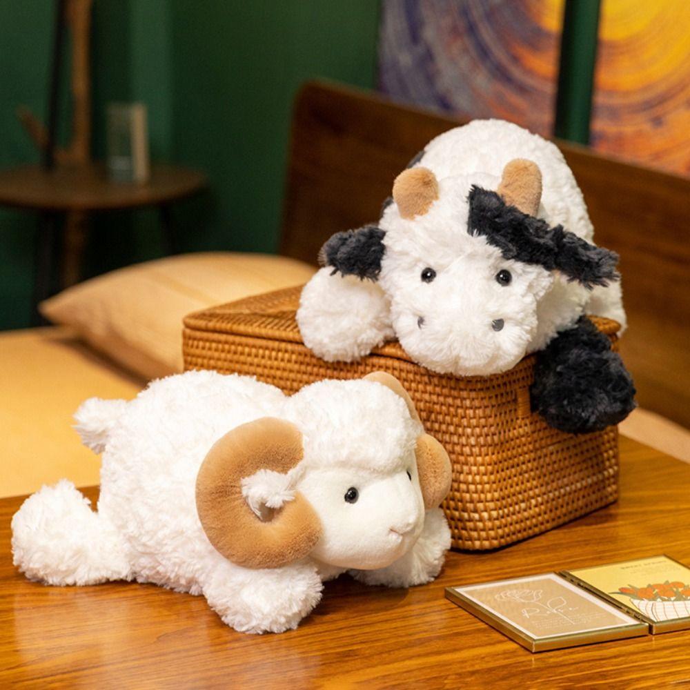

Lying Baby Goat&Cow Plush Doll 23/38cm Big Horns Goat Toys Cute Animal Plush Toys Room Decoration 23cm-Goat