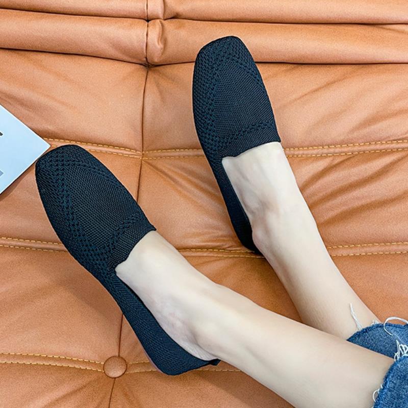 Fashion Spring and Autumn Flat Shoes Fashion Leisure Women's Flat Shoes Square Toe Knitting Elastic Comfortable Slip-on Boutique Shoes