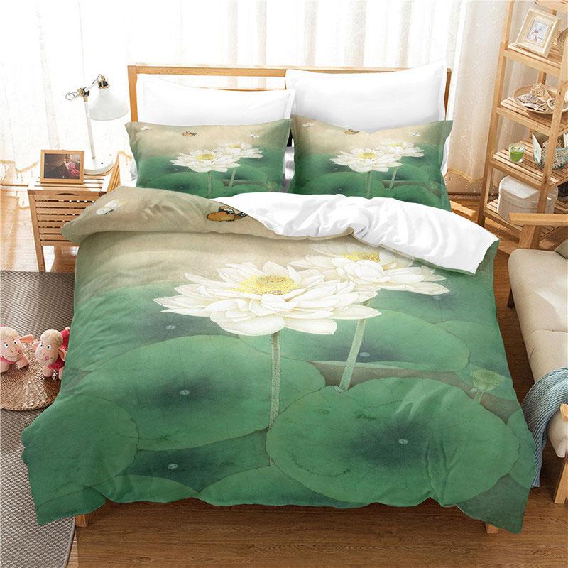 Green Flower Duvet Cover Set Double Bed With Pillowcase Lotus Bedding Set King Size 3pcs 2pcs Single Twin Full 200x200 220x240cm