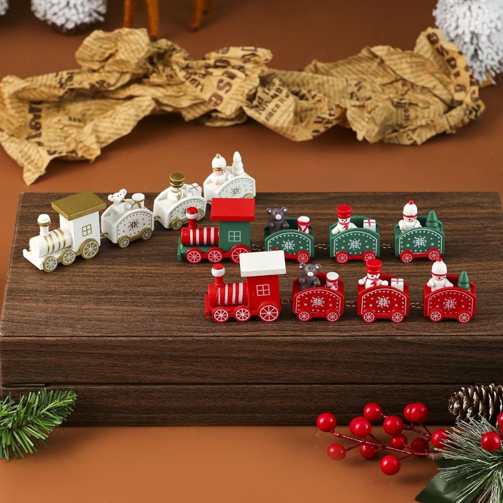 3Pcs Wooden Christmas Train Miniature Holiday Decorations for Tree Tabletop Seasonal Ornaments for Party and Home Use