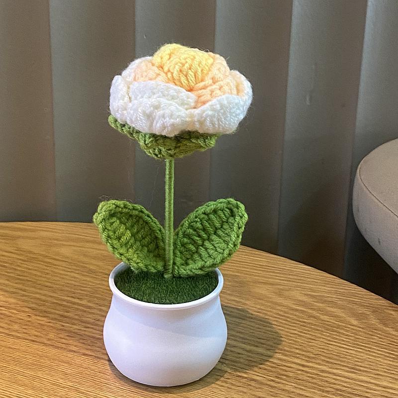DIY Håndvevd Mini Potteblomst Rose Kontor Skrivebord Prydplanter Ulltråd Ferdig Produkt Hjemmedekorasjon
