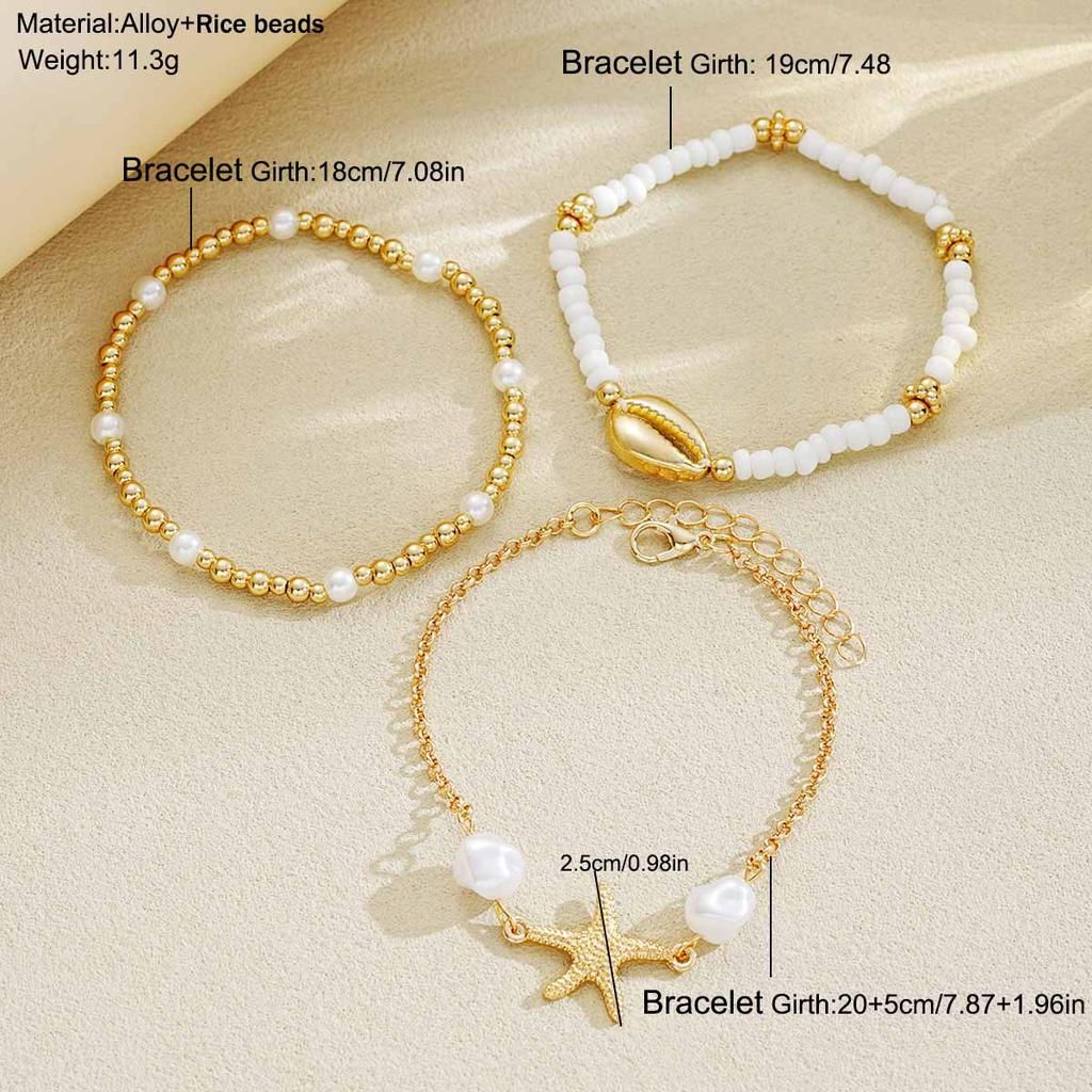 3pcs Fashionable Romantic Beach Women's Starfish Shells, Rice Artificial Pearl Ankle Chains