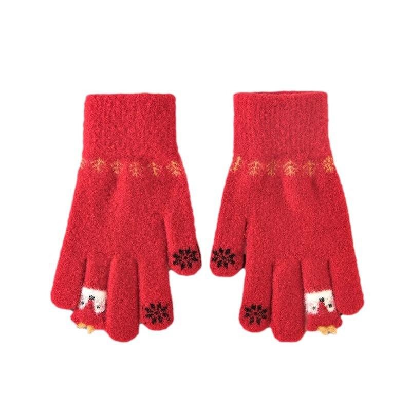 Cute Red Knitted Gloves for Women In Autumn and Winter with Velvet Fingers To Keep Warm for Students While Riding Windproof and Coldproof