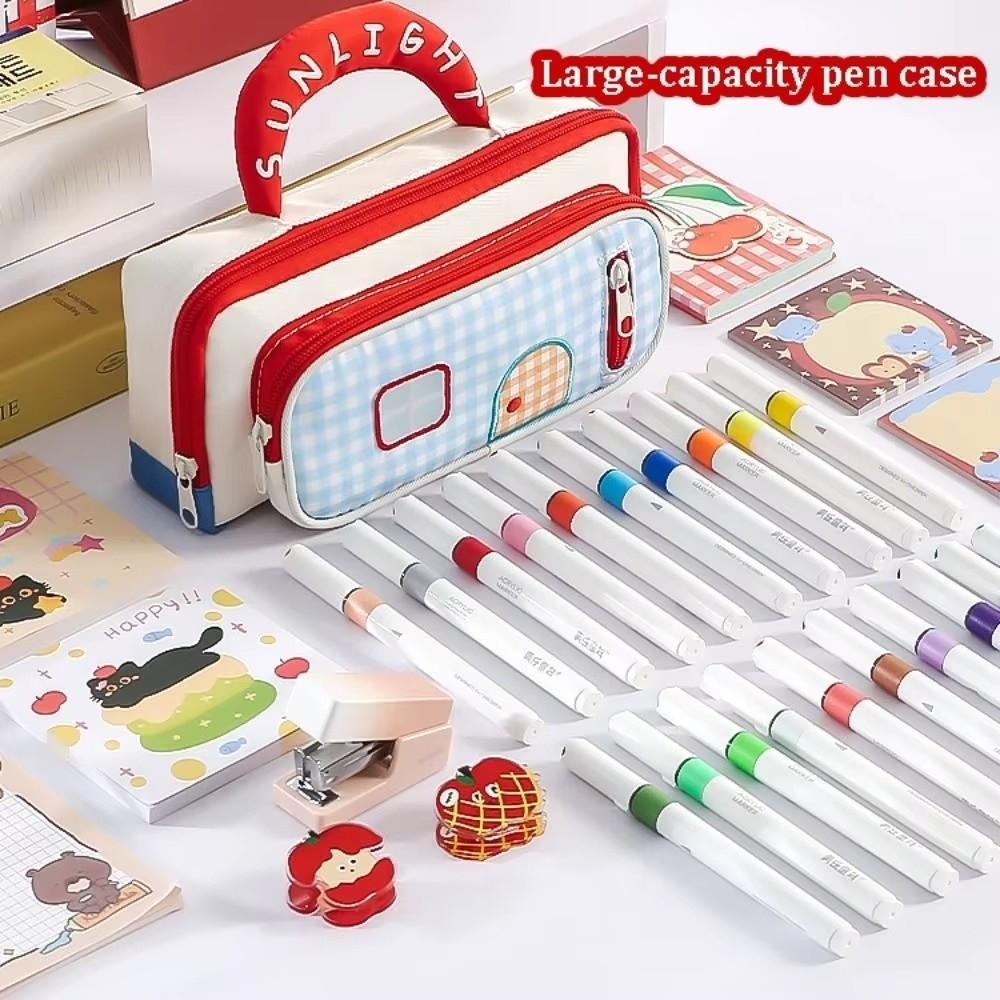 Fashion Large Capacity Pencil Pouch House Design Color-Blocked Pencil Case Handle Portable Pen Bag Student