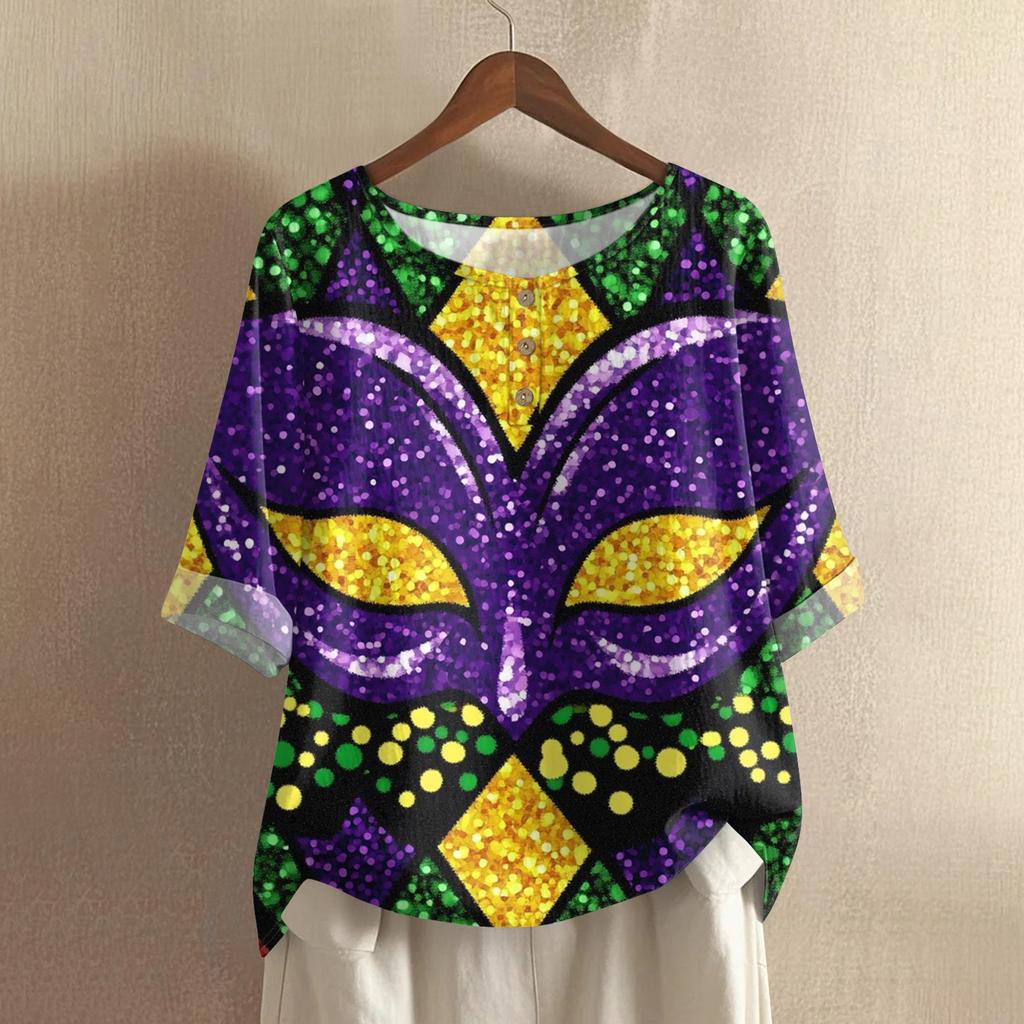 Women's Carnival Printed Casual Mid Sleeve Round Neck Cotton And Hemp Top