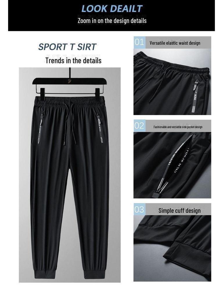 Pantaloni della tuta casual estivi da uomo in seta ghiacciata, sottili e traspiranti, con gamba dritta, tasche con cerniera e polsini.
