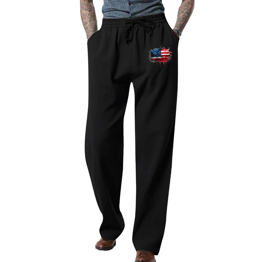 Men's Loose Casual Color Cotton Linen Trousers Elastic Tie Printed Straight Pants