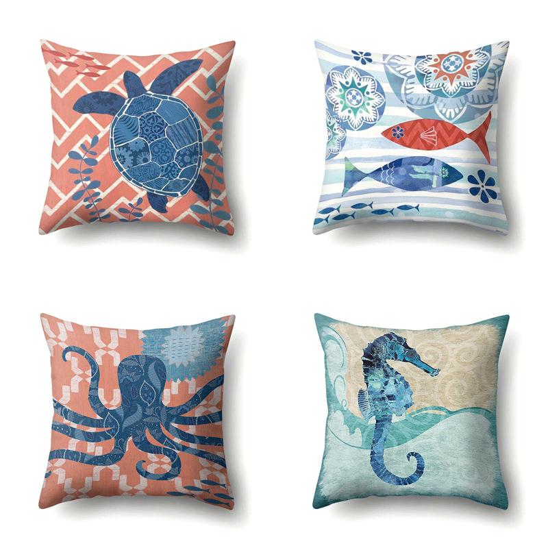 Polyester Pillowcase Peach Leather Velvet Cushion Cover Marine Life Seahorse Octopus Printed Pillowcase Car Cushion