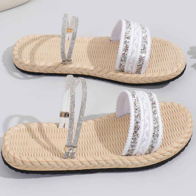 Fashion 2024 New Summer Fashionable Comfortable and Casual Soft-soled Thick-soled Rhinestone Flat-soled Wear-resistant Women's Slippers