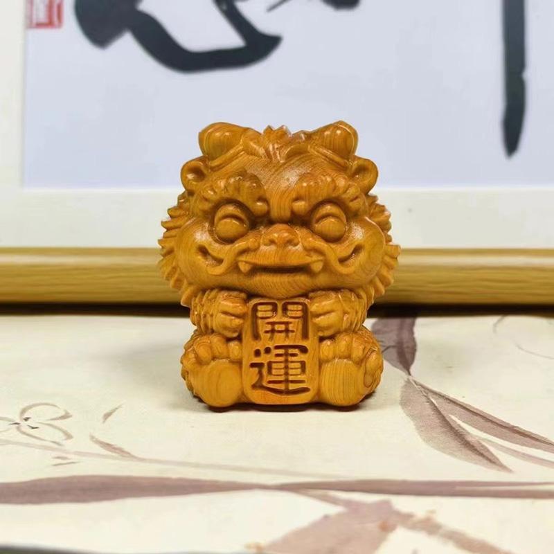 Natural Solid Wood Feng Shui Little Lion Lucky Mini Statue Cute Home Room Office Car Decorations  Featured Mascot A Pair