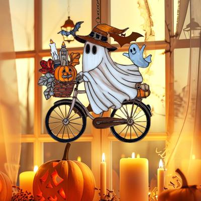 Halloween Ghost Ride Ornament with Lanyard Solar Trap Witch Hat Pumpkin Passenger Hanging Pendant Sun Catcher