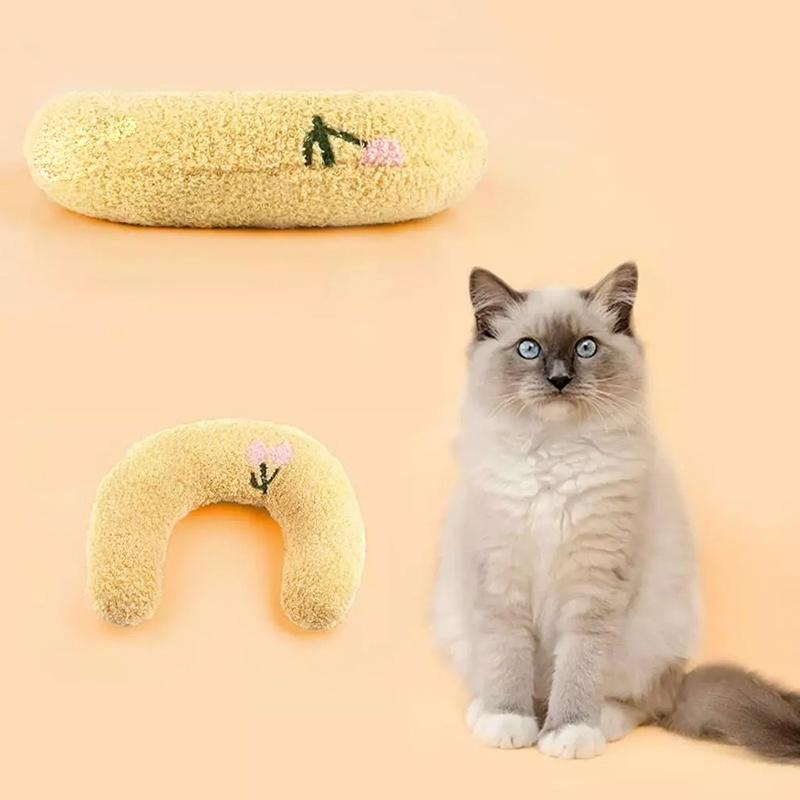 U-Shaped Pet Cat Sleep Pad Soft Plush Cervical Support Anti-Slip Pillow for Kittens Indoor Use