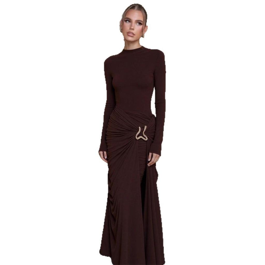 European Style Autumn Solid Color Long Sleeve Dress with Decorative Buckle