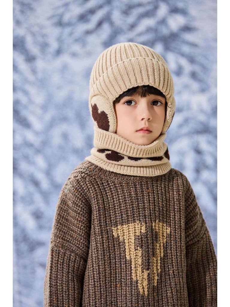 Ensemble Bonnet Chaud en Laine pour Enfants et Écharpe de Cou avec Protection des Oreilles pour l'Automne et l'Hiver