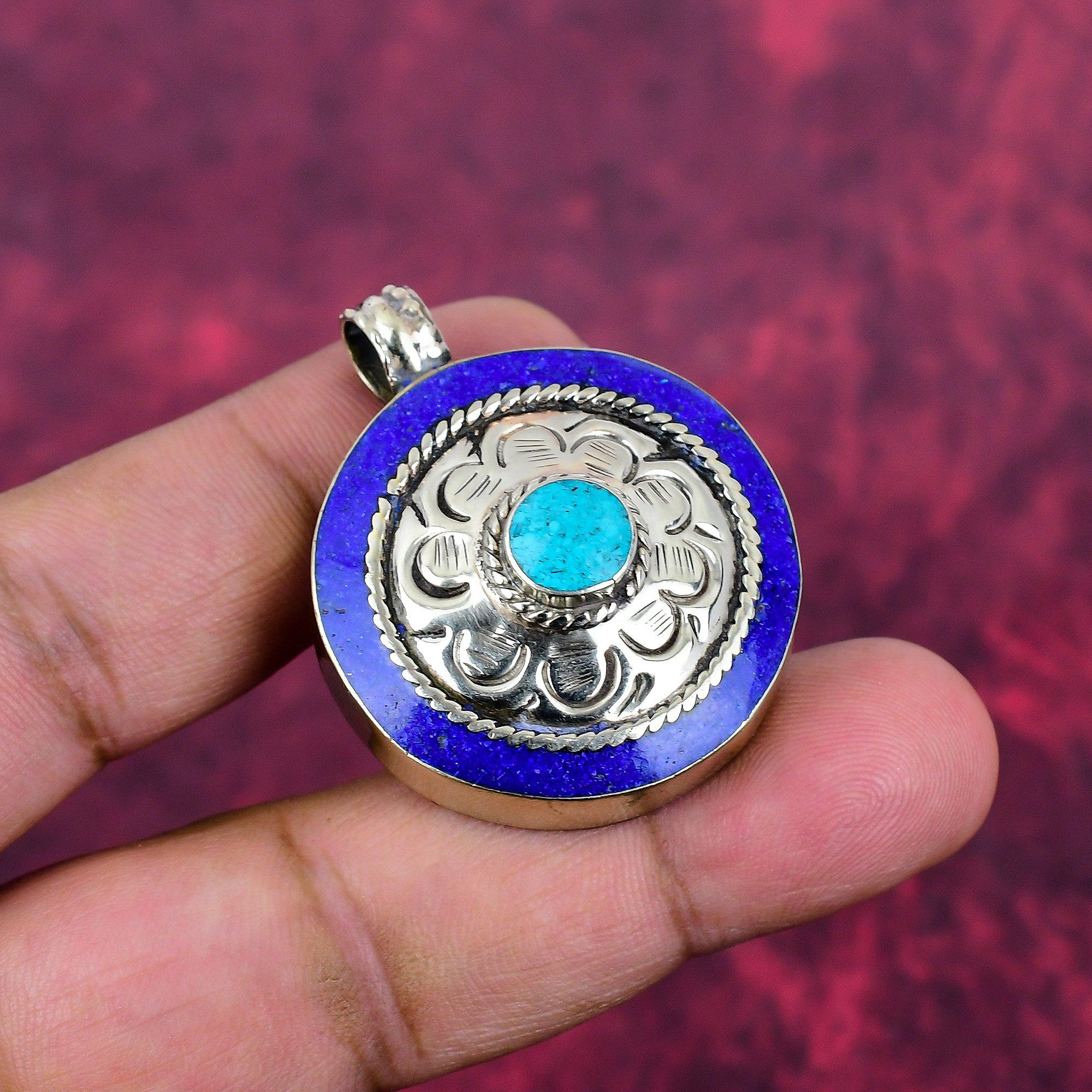 

Turquoise & Lapis Lazuli Pendant, 925 Solid Sterling Silver Gemstone Jewelry, Handmade Pendant, For Thanksgiving 1.65 Inches