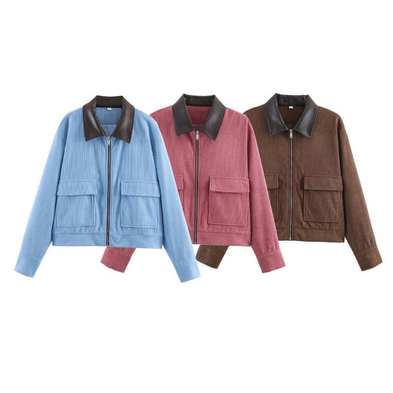 2026 Spring Fashion: European & American Style Corduroy Patchwork Jacket with Leather Collar - Available in 3 Colors