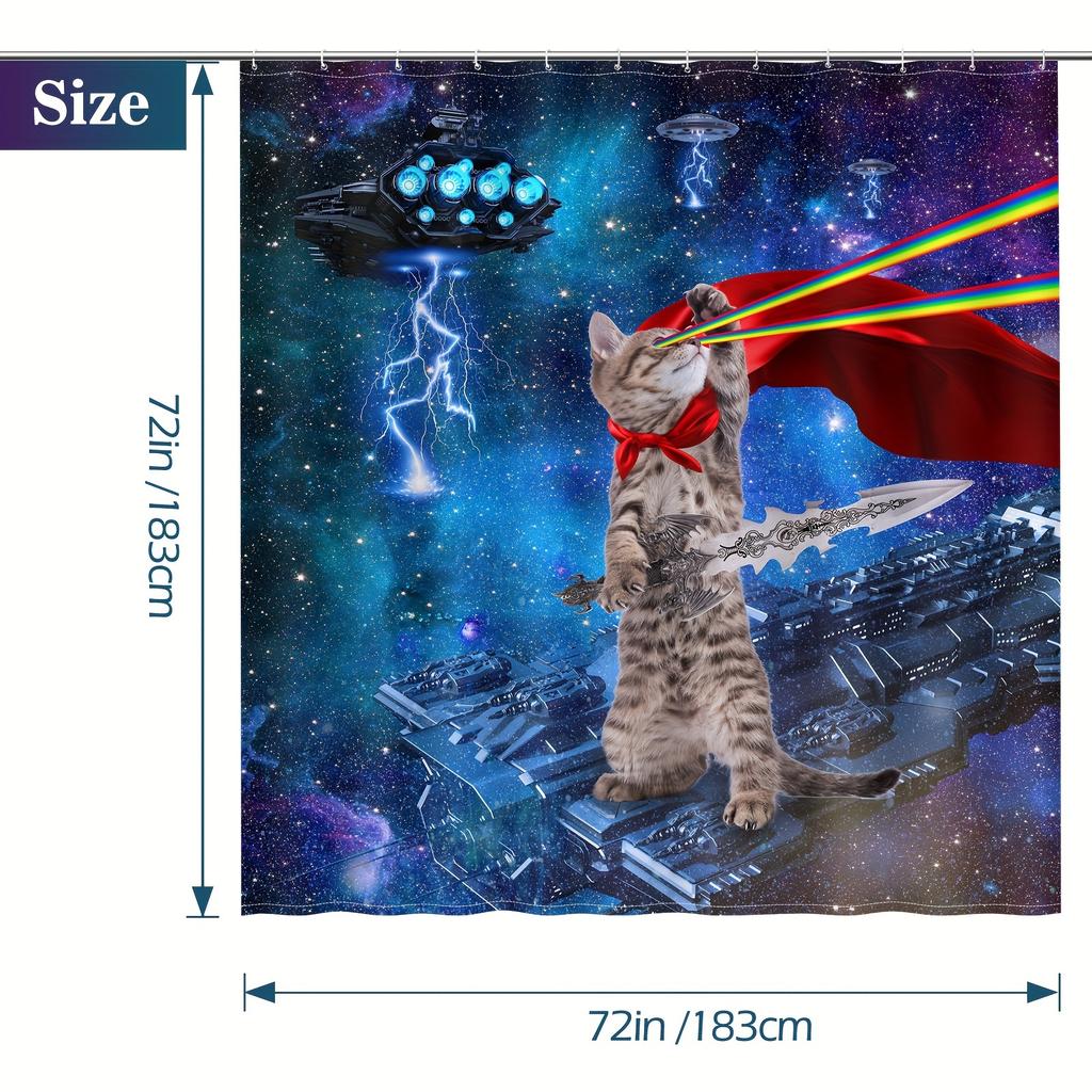Space cats emit cool light, shower curtains decorate the bathroom, perfectly adding mysteries to the universe