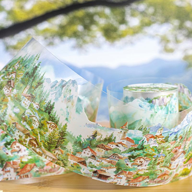 1 Roll/bag Landscape Tape PET Small Village Series House Landscape Hand Account Base Material DIY Decoration Card Gift Sticker