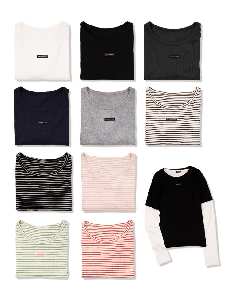 LA MAISON STUDIO (3Pack) 2 Ribbed Short Sleeves + 1 Layered T-Shirt 10 Colors (Fcg2Ts765W) (C Type)