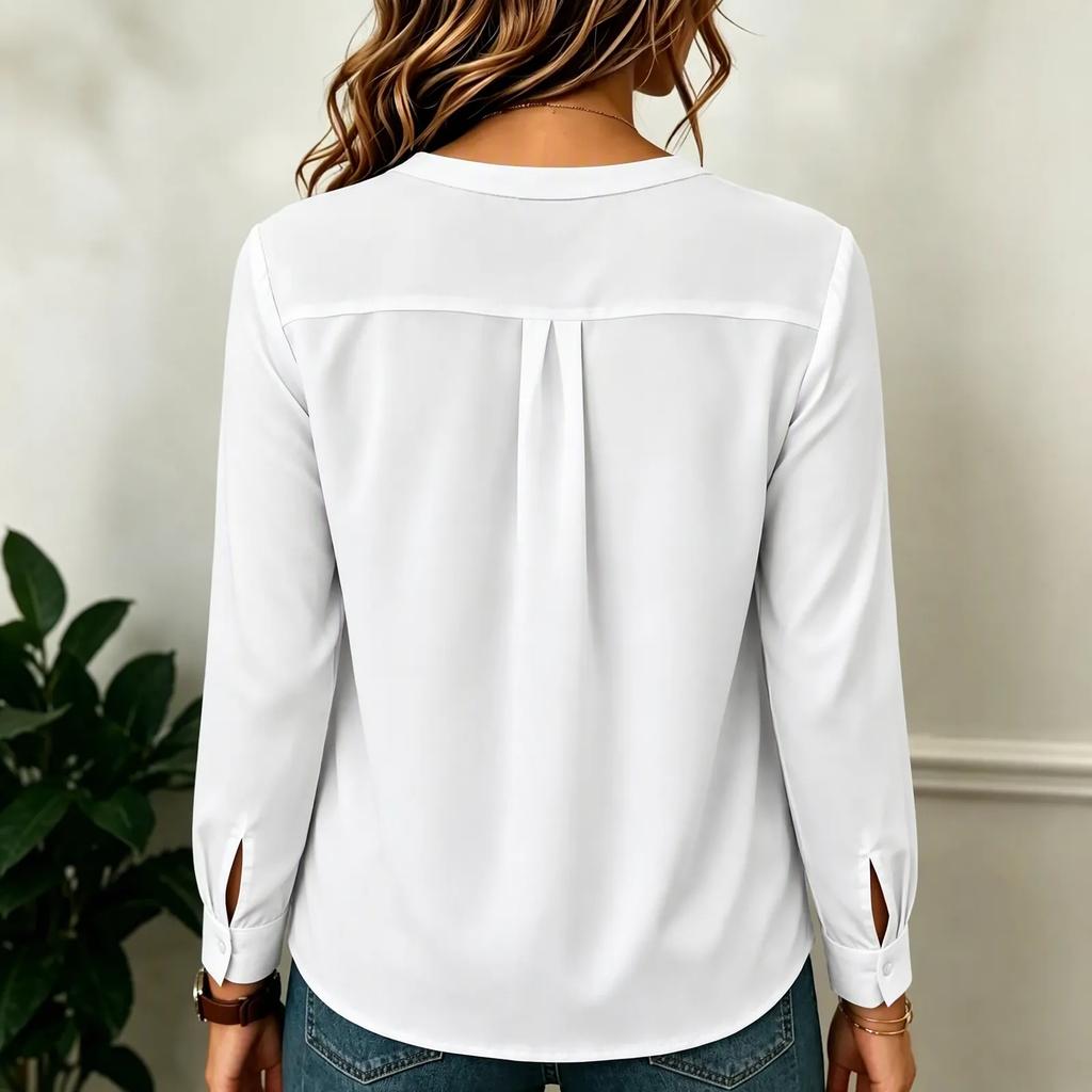 Top da Donna in Chiffon Ricamato a Maniche Lunghe con Scollo a V Blusa Elegante per l'Uso Quotidiano