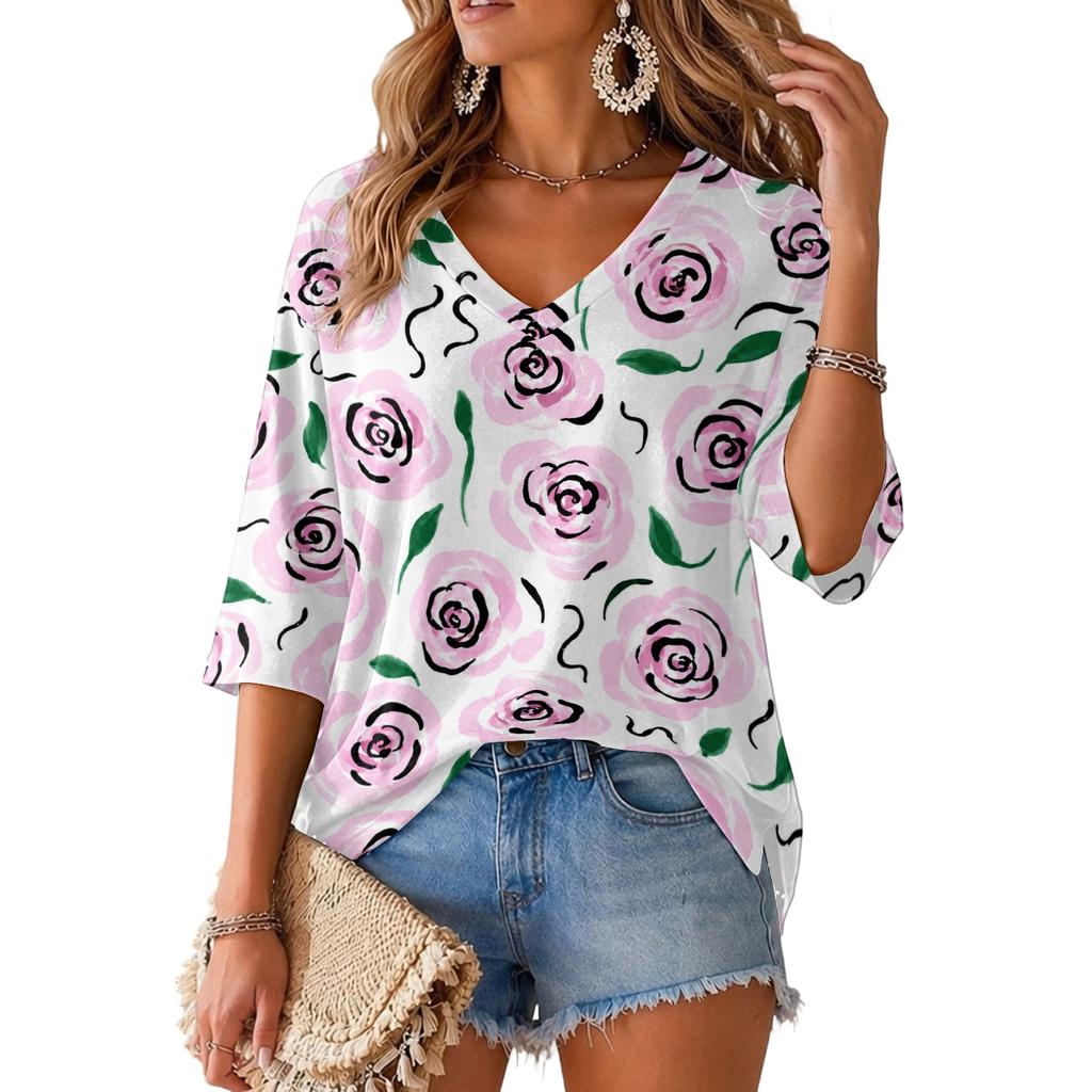 Women's V-Neck Retro Floral Print Lightweight Blouse for Spring and Summer