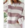 Women's Blue and White Stripe Loose Fit Long Sleeve Crew Neck Sweater