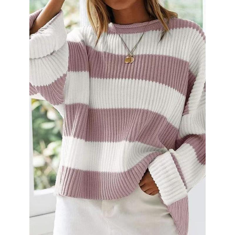 Women's Blue and White Stripe Loose Fit Long Sleeve Crew Neck Sweater