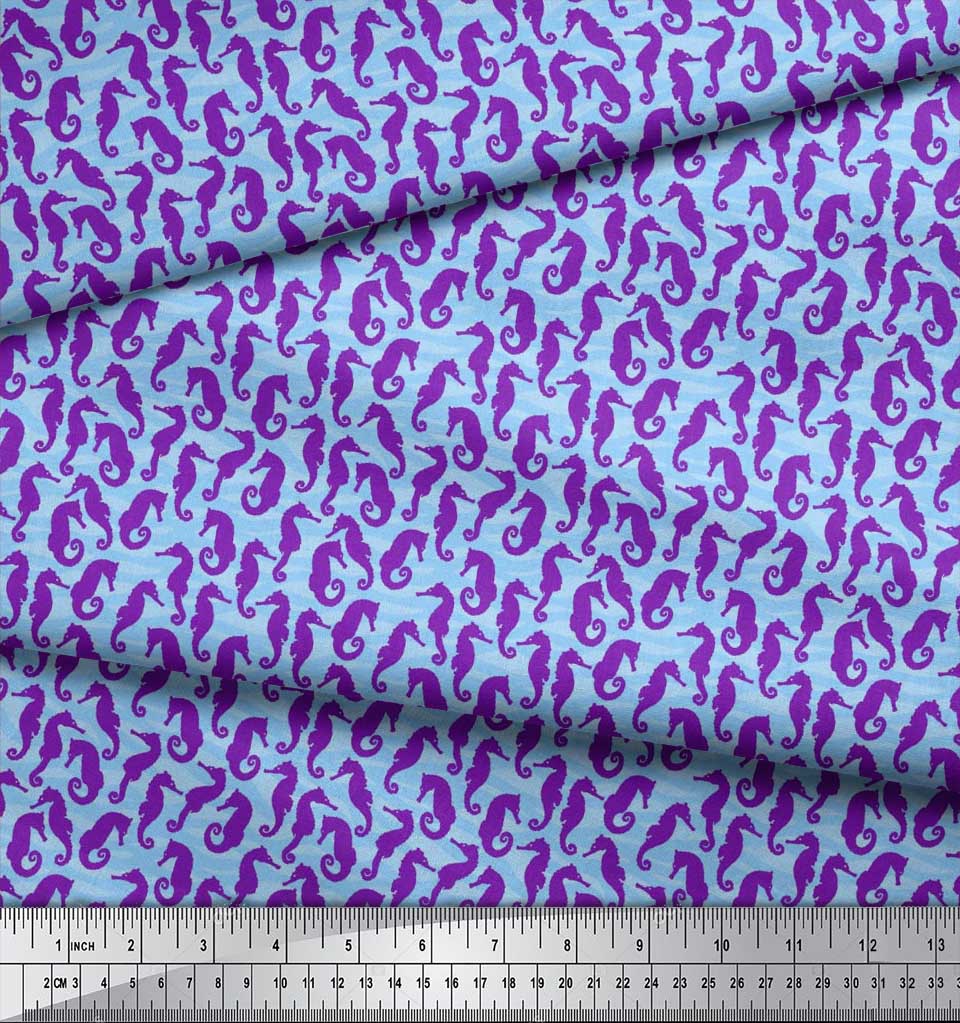 Soimoi Japan Crepe Satin Fabric Sea Horse Ocean Printed Craft Fabric by the metre 42 Inch