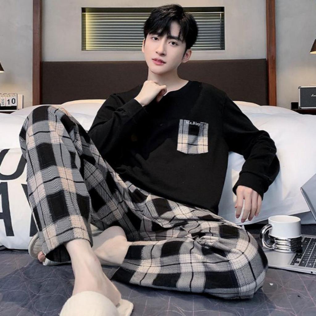 Pajamas Spring and Autumn Men's New Long Sleeve Outable Home Clothes Simple and Casual Large Set