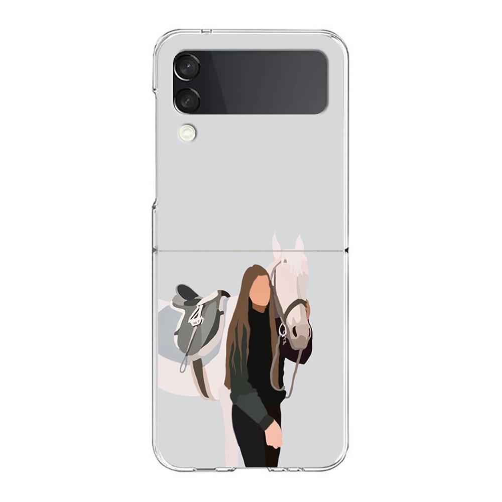 Case For Samsung Galaxy Z Flip 3 4 5 Transparent Fold Hard PC Shell For Galaxy Z Flip 3 5 Cover Galloping Horse Girl Drawing