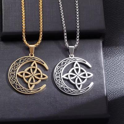 İyi Şanslar Kelt İrlanda Düğümü Kolye Paslanmaz Çelik Cadı Ay Muska Koruma Takı Kadın Moda Kolye