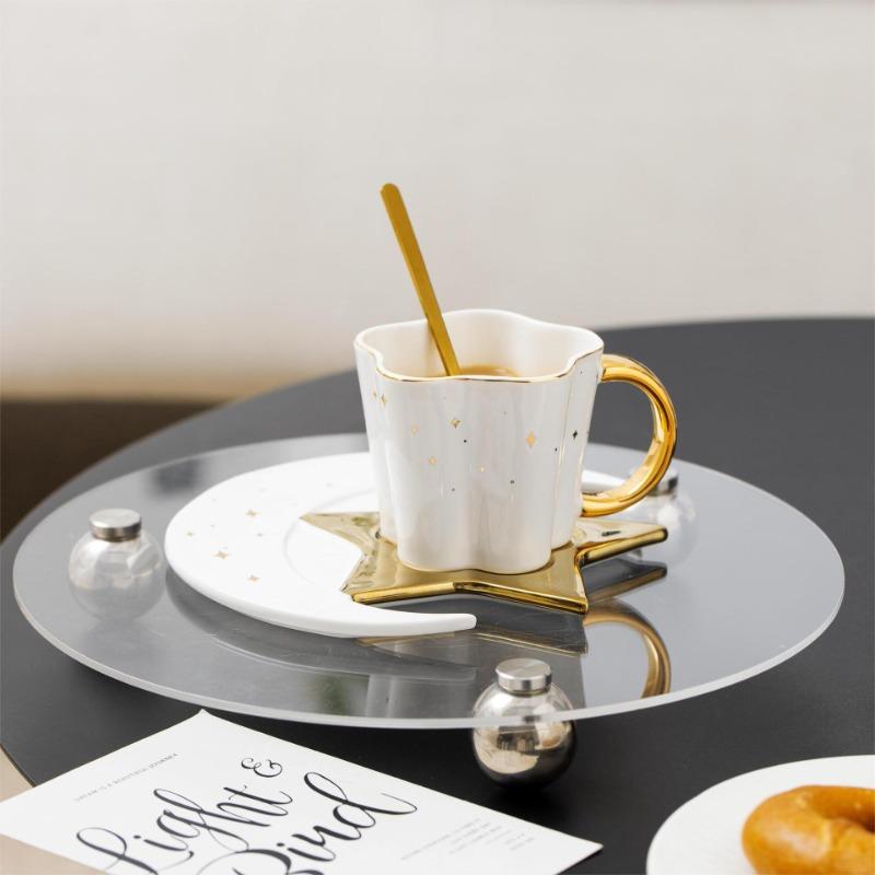 Nordic Ceramic Coffee Cup Saucer Creative High end Gold-patterned Hand Patterned Mug Fashionable Star Moon Style Coffee Cup Saucer
