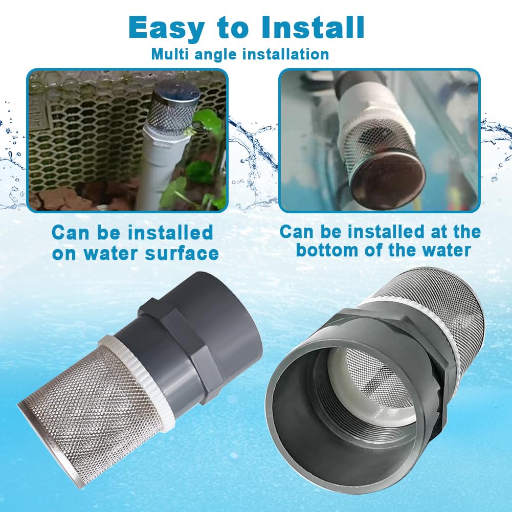 1 inch Stainless Steel Filter Cover Connected to 1 inch/DN25 Grey PVC Filter Water Pipe, Vent Cap Suction Strainers Used to Remove Debris and Reduce