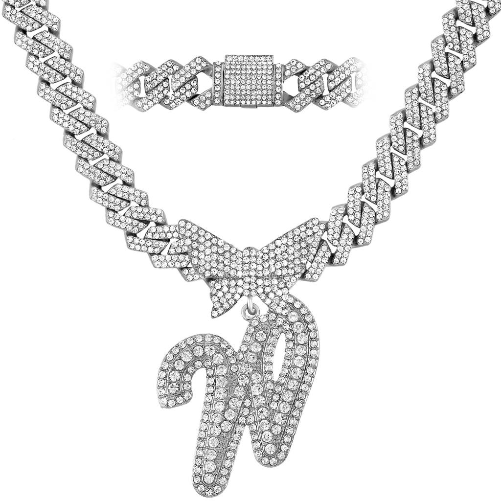 Men Women 14MM Cuban Chain Crystal Butterfly Initials Name Pendant Necklace Iced Out Cursive Letters Rapper Necklace Jewelry New